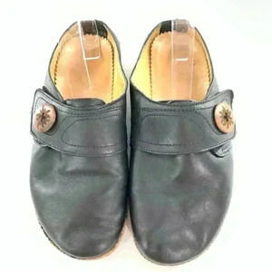 Haflinger adventure flats 39 black leather cork slip on mules walking comfort